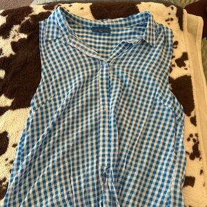 Blue and White Gingham Sleeveless Blouse
